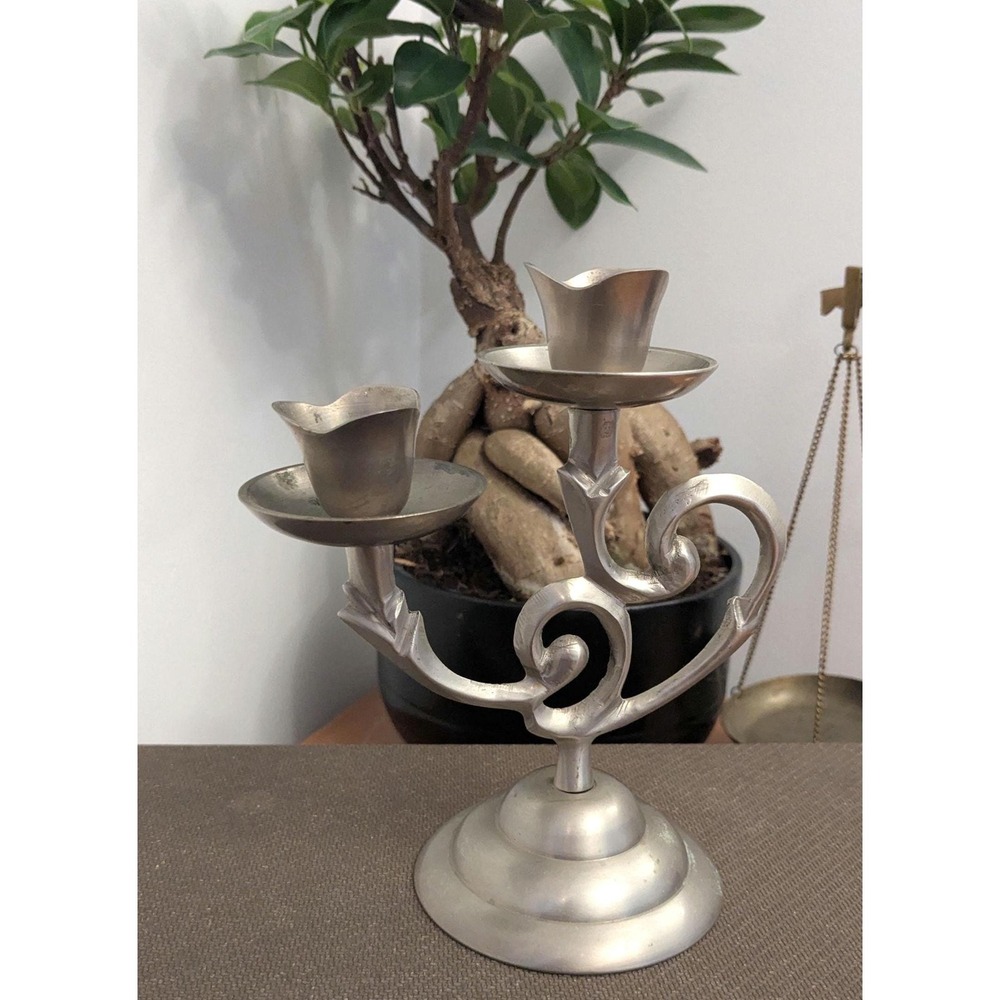 Vintage Metal Double Candle Holder, Art Deco Style Candelabra, Silver Tone